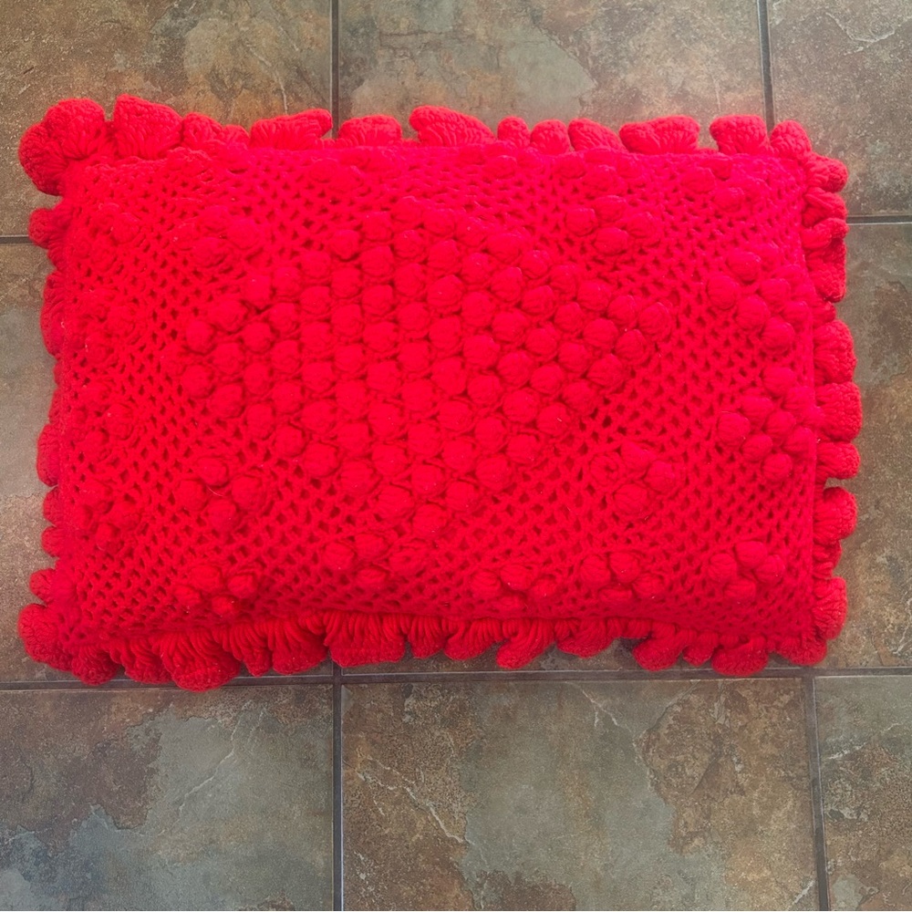 Vintage Hand Crocheted Ruffles and Bobbles Red Textured Throw Pillow